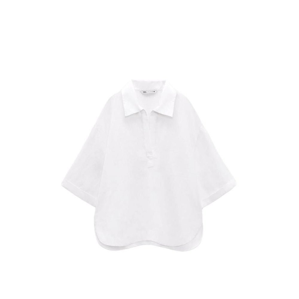 ZARA LINEN POLO COLLAR BLOUSE OYSTER WHITE SIZE S | 4786/076